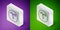 Isometric line Aries zodiac sign icon isolated on purple and green background. Astrological horoscope collection. Silver