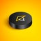 Isometric line Asian conical hat icon isolated on yellow background. Chinese conical straw hat. Black circle button