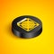 Isometric line ASIC Miner icon isolated on yellow background. Cryptocurrency mining equipment and hardware. Application