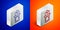 Isometric line Auction jewelry sale icon isolated on blue and orange background. Auction bidding. Sale and buyers