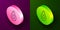 Isometric line Avocado fruit icon isolated on purple and green background. Circle button. Vector