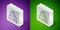 Isometric line Babel tower bible story icon isolated on purple and green background. Silver square button. Vector
