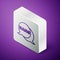 Isometric line Bang boom, gun Comic text speech bubble balloon icon isolated on purple background. Silver square button