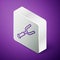 Isometric line Barbecue fork icon isolated on purple background. BBQ fork sign. Barbecue and grill tool. Silver square