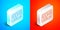 Isometric line Barcode icon isolated on blue and red background. Silver square button. Vector