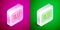 Isometric line Barcode icon isolated on pink and green background. Silver square button. Vector