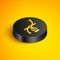 Isometric line Bezier curve icon isolated on yellow background. Pen tool icon. Black circle button. Vector