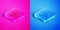 Isometric line Bicycle head lamp icon isolated on pink and blue background. Cycling road sport night ride light. Square