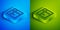 Isometric line Bingo icon isolated on blue and green background. Lottery tickets for american bingo game. Square button