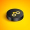 Isometric line Binoculars icon isolated on yellow background. Find software sign. Spy equipment symbol. Black circle