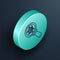 Isometric line Biohazard and magnifying glass icon isolated on black background. Turquoise circle button. Vector