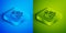 Isometric line Biological structure icon isolated on blue and green background. Genetically modified organism and food