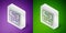 Isometric line Bitrate icon isolated on purple and green background. Music speed. Sound quality. Silver square button