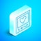 Isometric line Blanks photo frames and hearts icon isolated on blue background. Valentines Day symbol. Silver square