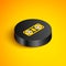 Isometric line Bluetooth connected icon isolated on yellow background. Black circle button. Vector