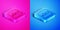 Isometric line Broken test tube and flask chemical laboratory test icon isolated on pink and blue background. Laboratory