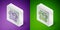 Isometric line Butterfly icon isolated on purple and green background. Silver square button. Vector