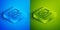 Isometric line Cannon icon isolated on blue and green background. Square button. Vector