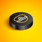 Isometric line Captain hat icon isolated on yellow background. Black circle button. Vector