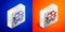 Isometric line Car icon isolated on blue and orange background. Front view. Silver square button. Vector