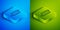 Isometric line Car muffler icon isolated on blue and green background. Exhaust pipe. Square button. Vector Illustration