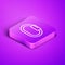 Isometric line Carabiner icon isolated on purple background. Extreme sport. Sport equipment. Purple square button