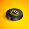 Isometric line Carabiner icon isolated on yellow background. Extreme sport. Sport equipment. Black circle button. Vector