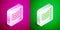 Isometric line Checkered flag icon isolated on pink and green background. Racing flag. Silver square button. Vector