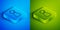 Isometric line Chip for board game icon isolated on blue and green background. Square button. Vector