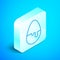 Isometric line Chocolate egg icon isolated on blue background. Silver square button. Vector