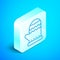 Isometric line Christmas mitten icon isolated on blue background. Merry Christmas and Happy New Year. Silver square