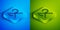 Isometric line Crook and flail icon isolated on blue and green background. Ancient Egypt symbol. Scepters of egypt