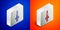 Isometric line Dagger icon isolated on blue and orange background. Knife icon. Sword with sharp blade. Silver square