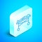 Isometric line Dead body in the morgue icon isolated on blue background. Silver square button. Vector