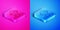 Isometric line Deafness icon isolated on pink and blue background. Deaf symbol. Hearing impairment. Square button