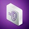 Isometric line Deafness icon isolated on purple background. Deaf symbol. Hearing impairment. Silver square button