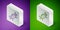 Isometric line Drone flying icon isolated on purple and green background. Quadrocopter with video and photo camera