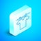 Isometric line Drying clothes icon isolated on blue background. Clean shirt. Wash clothes on a rope with clothespins