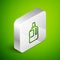 Isometric line Fabric softener icon isolated on green background. Liquid laundry detergent, conditioner, cleaning agent