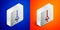 Isometric line Fencing icon isolated on blue and orange background. Sport equipment. Silver square button. Vector