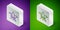 Isometric line Fleur De Lys icon isolated on purple and green background. Silver square button. Vector