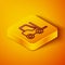 Isometric line Forklift truck icon isolated on orange background. Fork loader and cardboard box. Cargo delivery