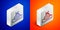 Isometric line Fountain icon isolated on blue and orange background. Silver square button. Vector