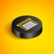 Isometric line Garage icon isolated on yellow background. Black circle button. Vector