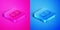 Isometric line Gas tank for vehicle icon isolated on pink and blue background. Gas tanks are installed in a car. Square