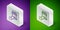 Isometric line Give gift icon isolated on purple and green background. Gift in hand. The concept of giving and receiving