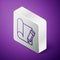 Isometric line Graphing paper for engineering and pencil icon isolated on purple background. Silver square button