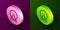Isometric line Hamster wheel icon isolated on purple and green background. Wheel for rodents. Pet shop. Circle button