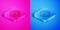 Isometric line Headshot icon isolated on pink and blue background. Sniper and marksman is shooting on the head of man