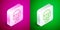 Isometric line Hopscotch icon isolated on pink and green background. Children asphalt coating drawing. Silver square